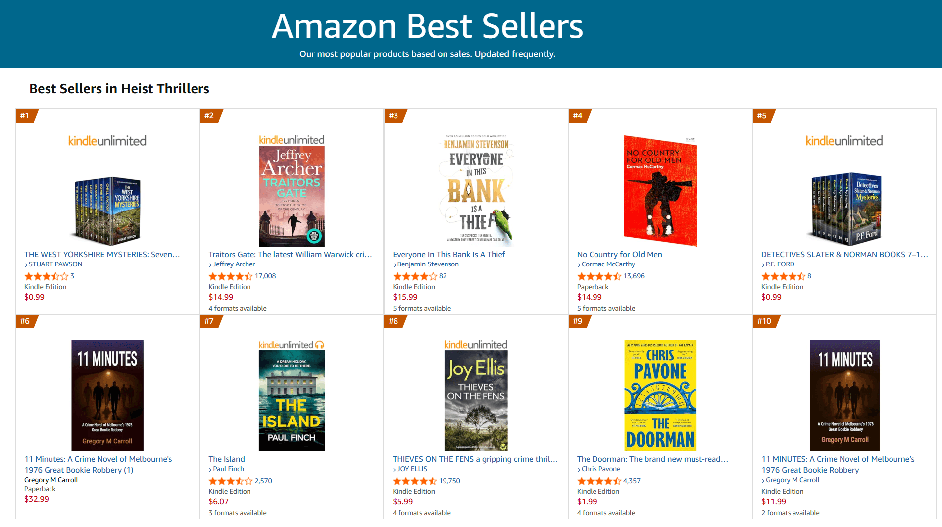 Amazon Best Sellers list showing 11 Minutes in the Top 10 for Heist Thrillers