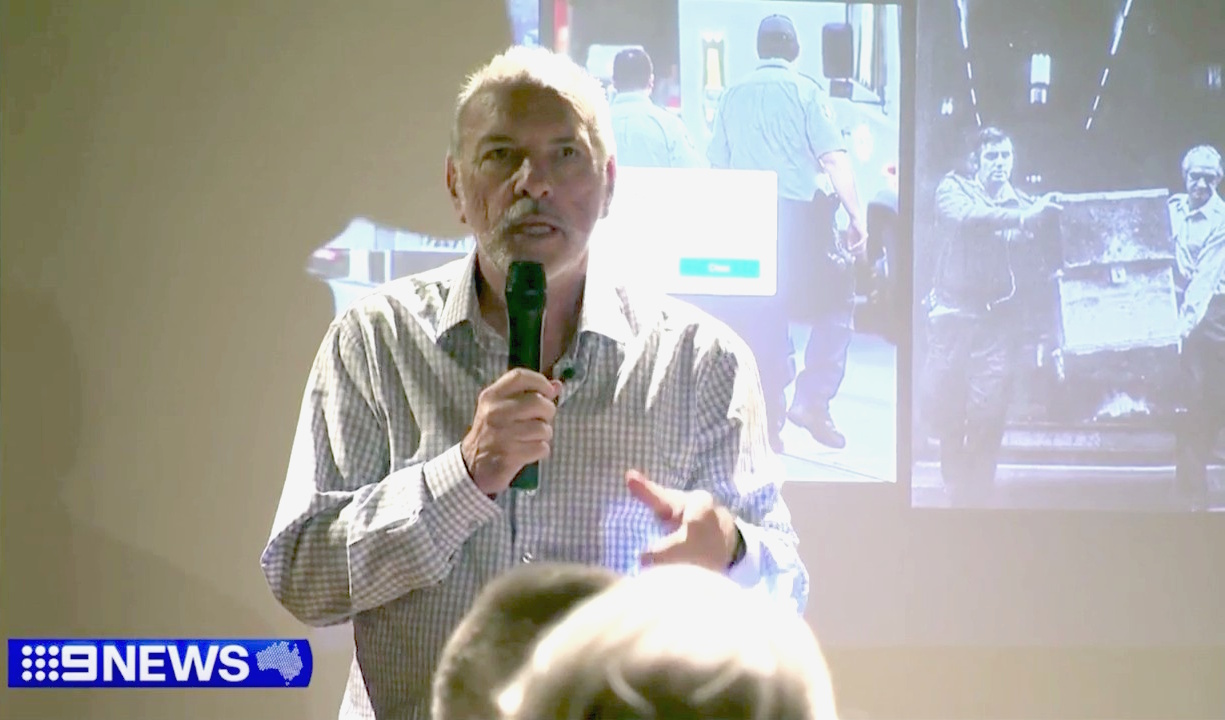 Gregory M Carroll presenting at the site of the victorian club on the 50th anniversary Great Bookie Robbery
